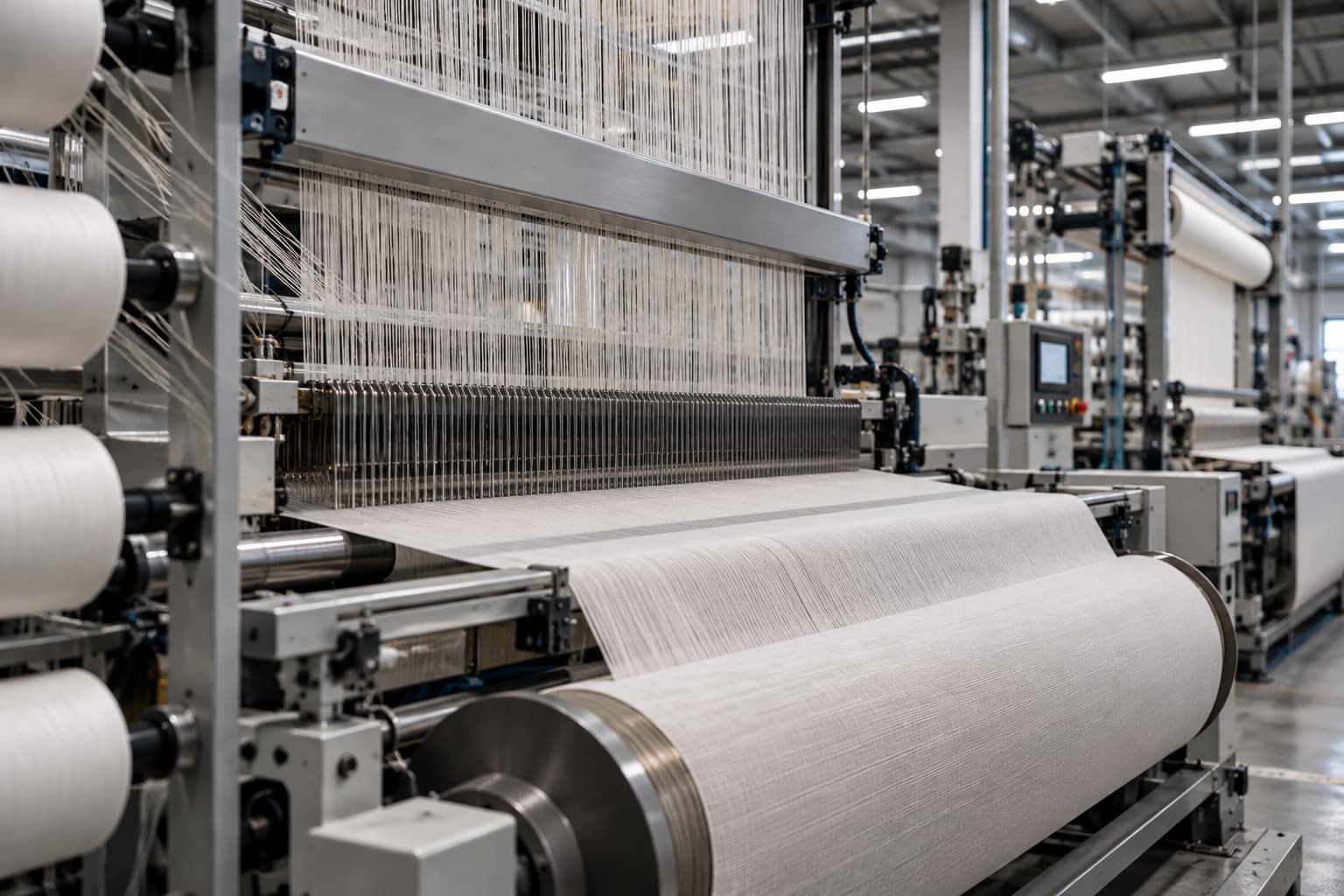 Weaving machine with fabric roll at a partner factory in Pakistan