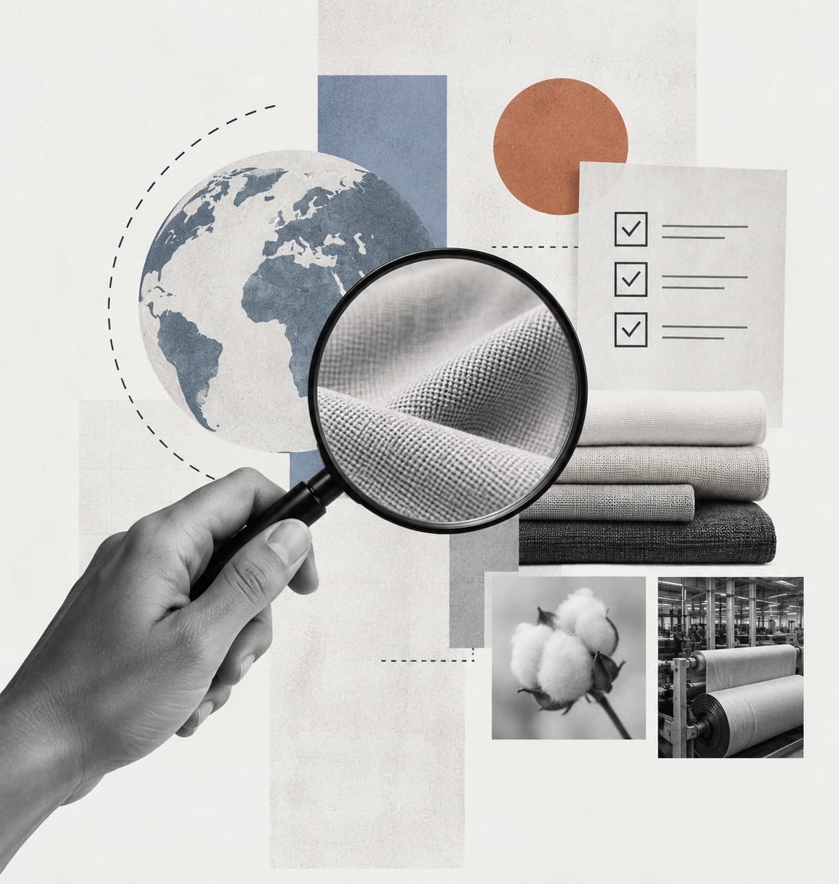 Collage for the orientation and feasibility phase: a loupe on fabric, a globe and a checklist